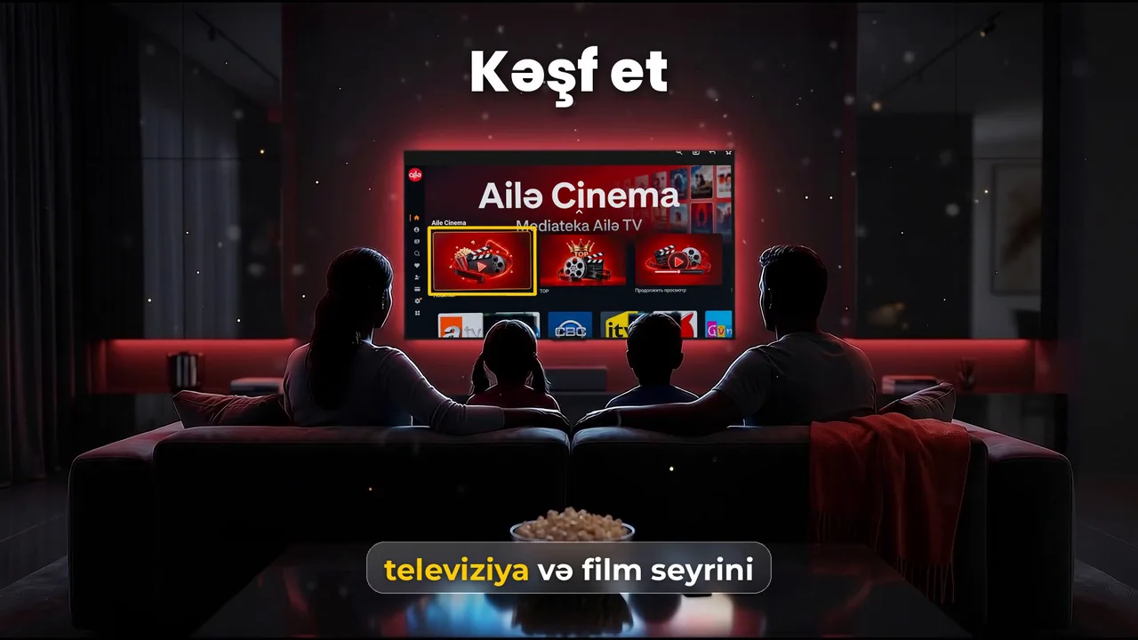 Ailə TV — IPTV xidmətinin reklamı: tünd fonda brendin qırmızı işığı, iri hərəkətli yazılar və tətbiqin real ekranları, 16:9, 32 saniyə. 11 səhnəlik storyboard-a Keyslər səhifəsində baxın.