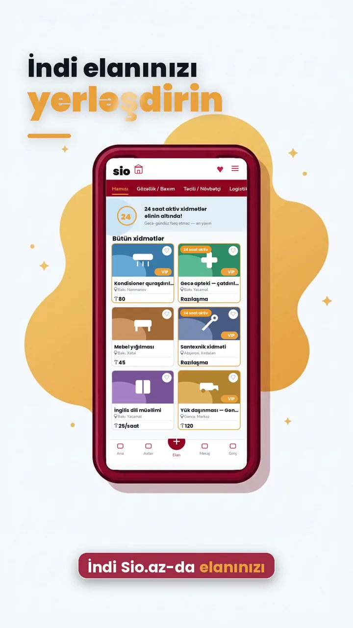 sio.az — xidmət bazarı üçün 2D animasiya reklamı: platformanın ekranları səhnələrin içində, 9:16 formatı, 36 saniyə. Storyboard-dan hazır videoya qədər bütün mərhələlər Keyslər səhifəsində.